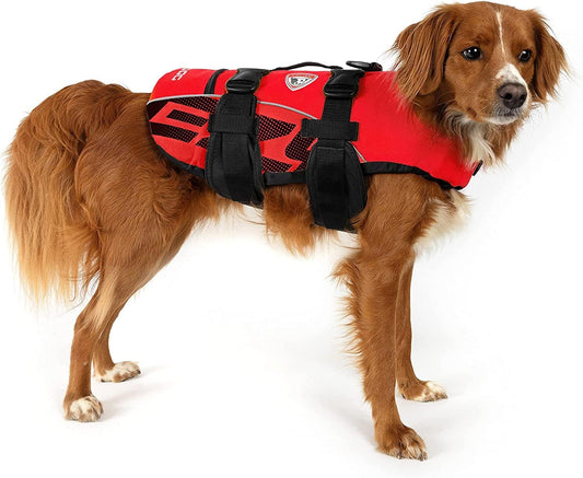 Premium Doggy Flotation Device (DFD) - Adjustable Dog Life Jacket Preserver with Reflective Trim - Durable Grab Handle for Safety and Protection - 50% More Flotation Material (Small, Red)